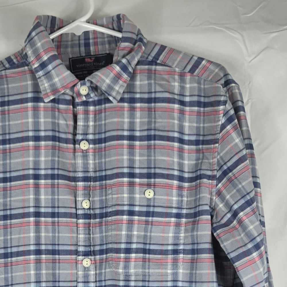 Vineyard Vines Slim Longshore Shirt Mens Medium Blue Pink Plaid Cotton Linen M